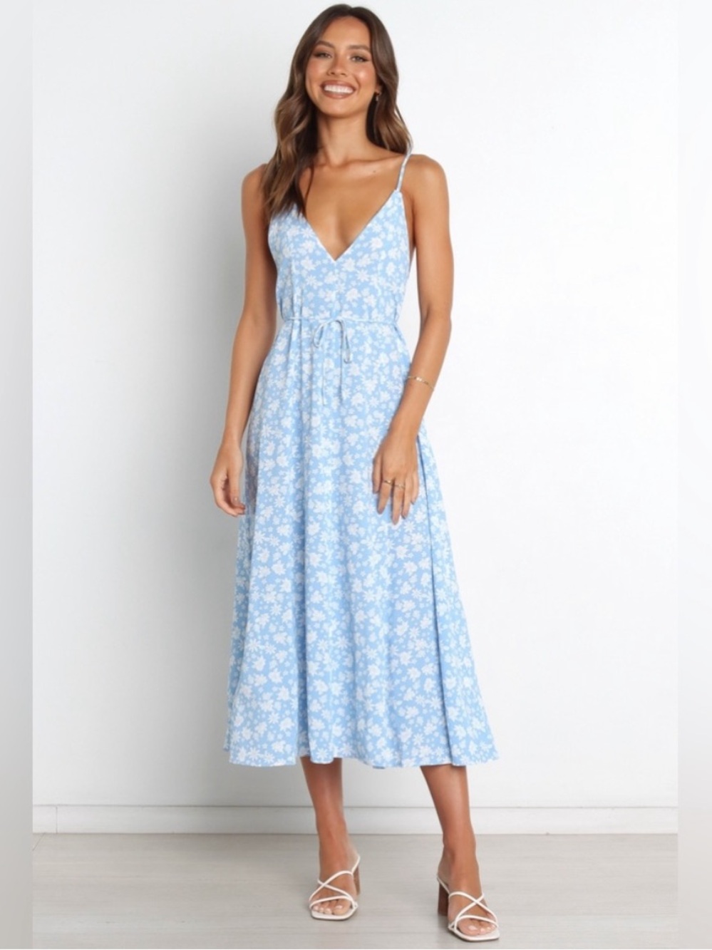 Petal & Pup Light Blue Floral Spaghetti-Strap Midi Dress